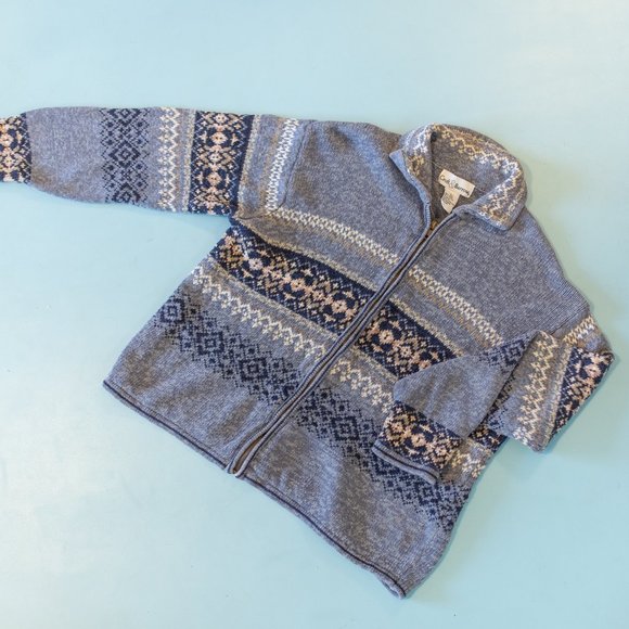 VINTAGE 90s Croft & Barrow Blue Chunky Knit Front Zip Collared Fair Isle Jacket - Picture 1 of 4